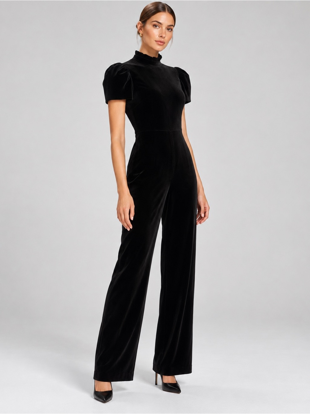 Alice + Olivia Jorah Black Velvet Puff Sleeve Wide Leg Jumpsuit Size 0